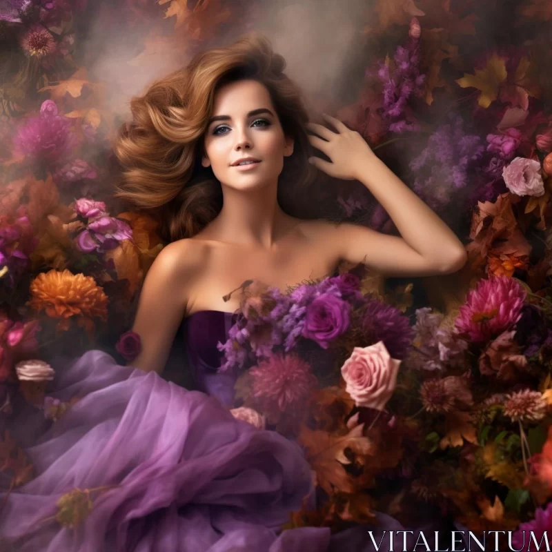 Enigmatic Woman in Purple Dress Amidst Autumn Leaves AI Image
