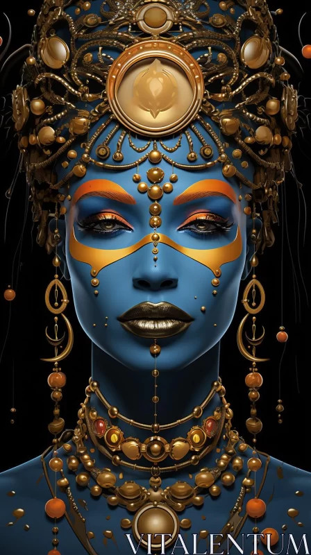 Exotic Realism Art of Blue Woman with Gold Rings AI Image
