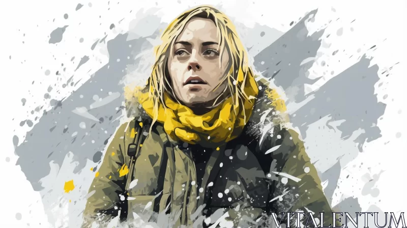 Snowbound Woman with Yellow Scarf: A Coloristic Digital Illustration AI Image
