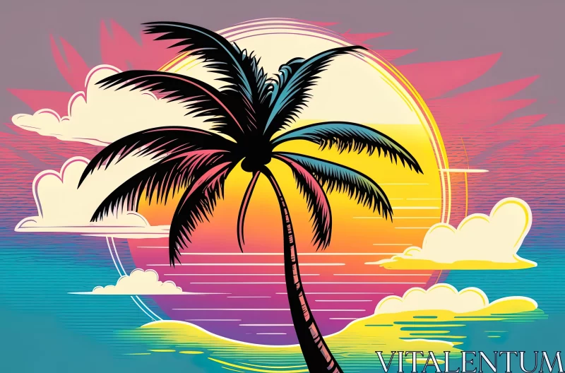 Vintage Style Tropical Sunset with Palm Tree AI Image