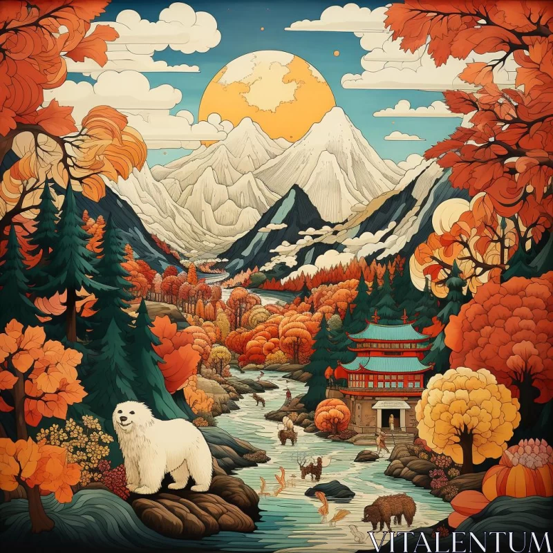 Autumnal Landscape with Bear - Chinese-Inspired Mountain Illustration AI Image