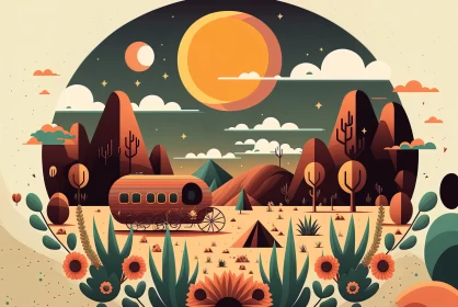 Desert Landscape: A Dreamlike Vintage-Inspired Illustration AI Image
