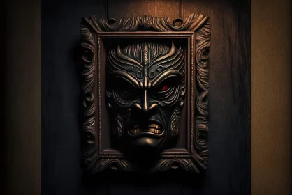 Ominous Mask Artwork in Rustic Wooden Frame AI Image
