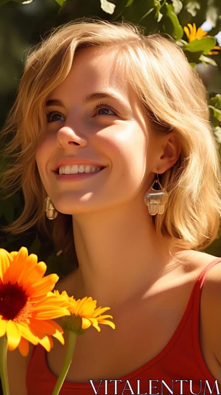 Smiling Woman Holding Flowers in Nature AI Image