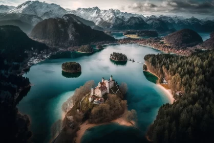 Dreamy Aerial View of Castle and Island in Lake Bled AI Image