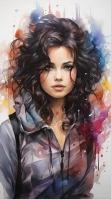 Colorful Realism Watercolor Painting of Young Woman AI Image