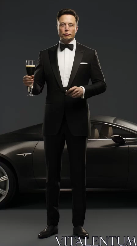 AI ART Luxurious Tesla Event: Man in Tuxedo with Champagne
