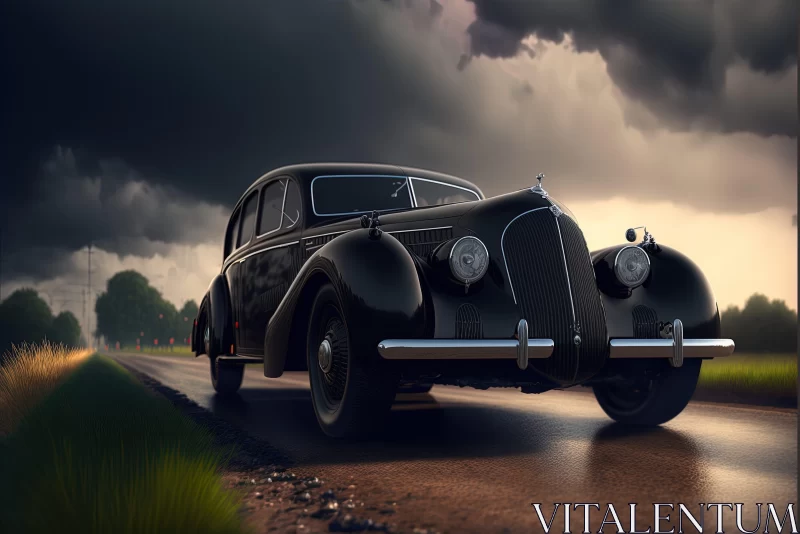 Romantic Biedermeier Style Depiction of Vintage Car on Country Road AI Image