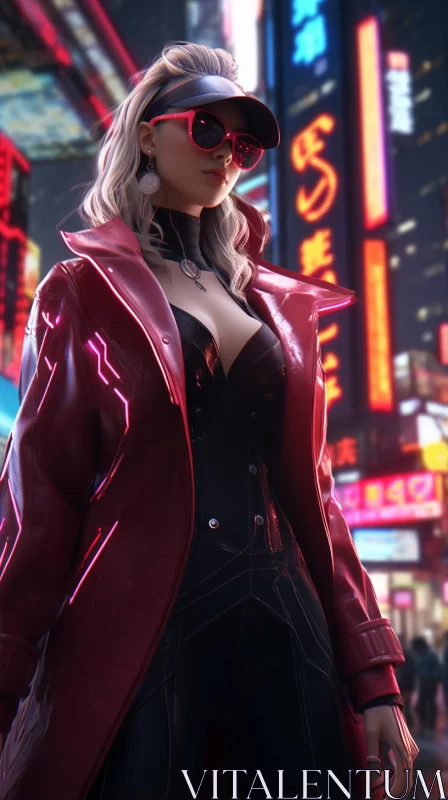 AI ART Anime Woman in Red Jacket under Neon Lights - Urban Knightcore Artwork