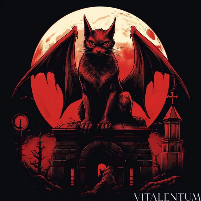AI ART Black Gargoyle Cat under Red Moonlight on Castle