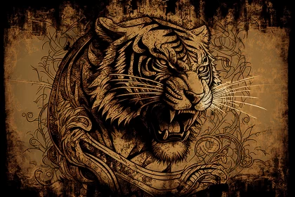 Dark Gold Tiger Head - A Tribute to Classic Tattoo Motifs and Cambodian Art AI Image