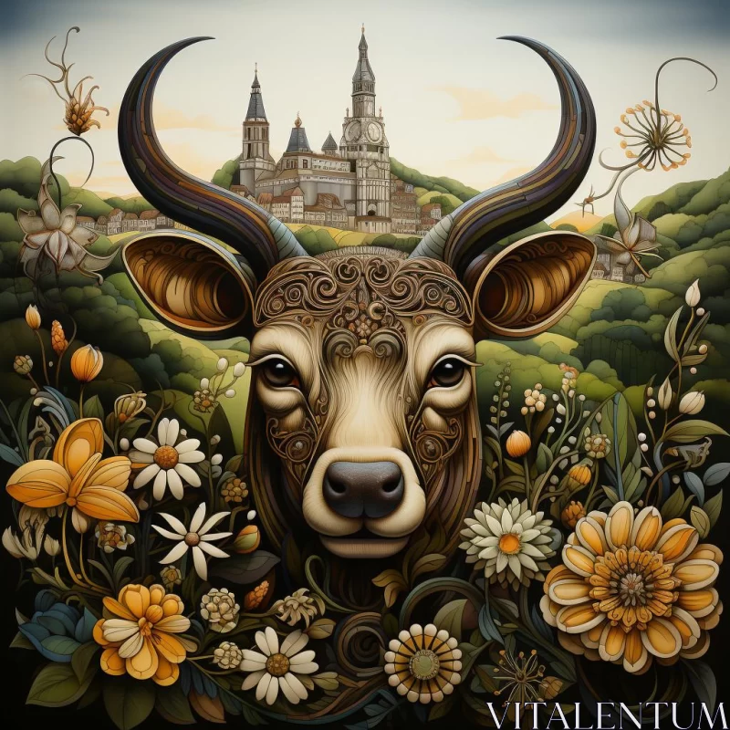 Gothic Portraiture of a Cow Amidst Nature and Architecture AI Image
