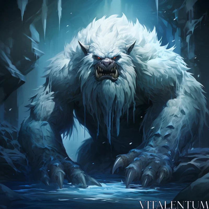Stylized Manticore with White Fur in Icy Cave AI Image