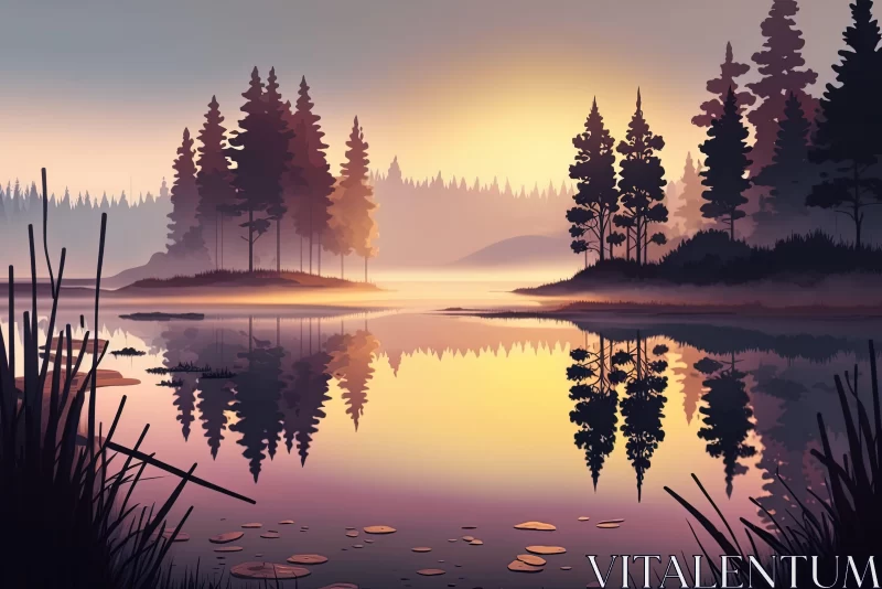 Sunrise Over Lake: A Detailed Landscape Illustration AI Image