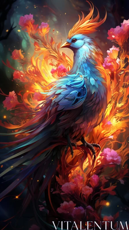 Mystic Phoenix on Fire Amidst Blossoms AI Image