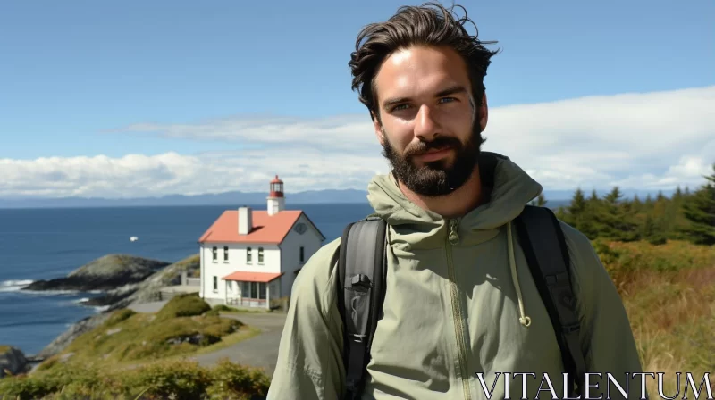 Bearded Traveler in Front of Coastal Lighthouse AI Image