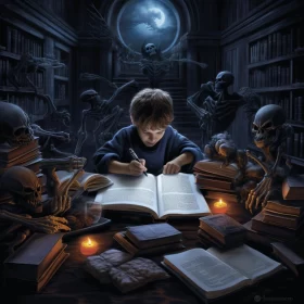 Mystical Boy Reading with Skeletons - Timeless Artistry AI Image