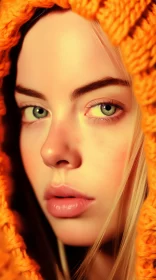 Young Woman Face in Orange Hood: A Study in Softness and Serenity AI Image
