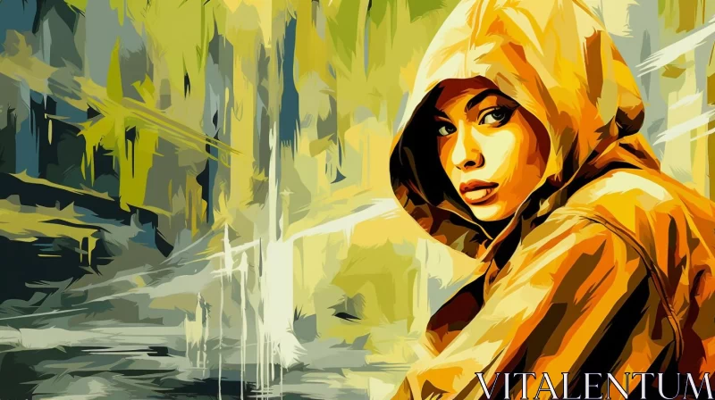 Captivating Golden-Hued Painting of Woman in Hoodie AI Image