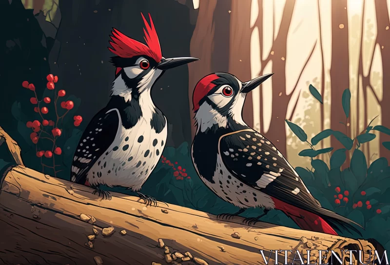 Cartoon Woodpeckers: A Forestpunk Graphic Novel Style Illustration AI Image