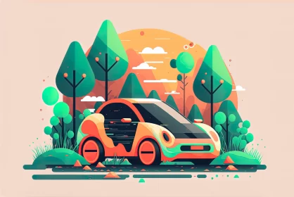 Electric Car Adventure Through Woods - Playful and Colorful Illustration AI Image