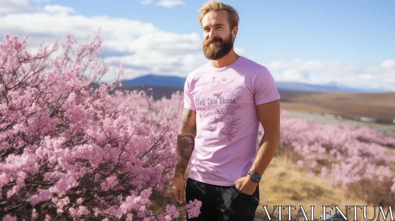 Man Amidst Pink Blossoms: A Display of Eco-Friendly Craftsmanship AI Image