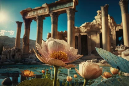 Peony Flowers Amidst Ancient Ruins: A Blend of Nature and History