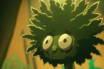 Whimsical Monochrome Anime Plant with Green Eyes AI Image