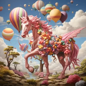 Pink Unicorn with Balloons in a Candycore Field AI Image