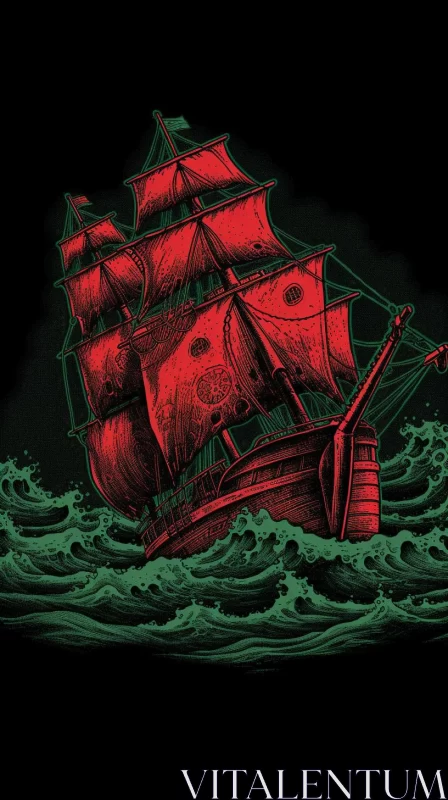 Red Pirate Ship Sailing on Dark Waves - Nostalgic Illustration AI Image