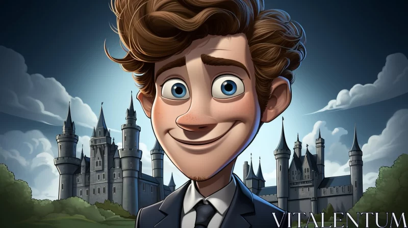 Animated Man in Suit with Castle Background AI Image