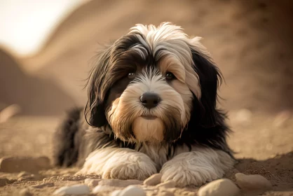 Black and White Puppy in Desert Sands: A Vivid Portraiture