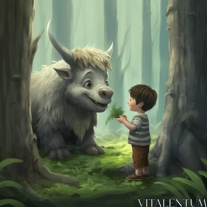 Boy Petting a Wild Animal in the Forest - Digital Art AI Image