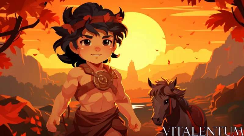 Boy with Horse in Autumn: A Tropical Symbolism and Egyptian Iconography Inspired Art AI Image