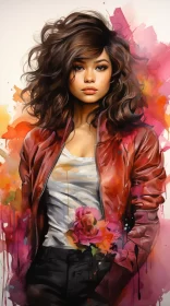 Colorful Realism: Woman in Flower Printed Leather Jacket