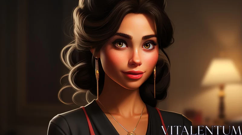 Enchanting Woman in Black Dress: A Detailed Character Illustration AI Image