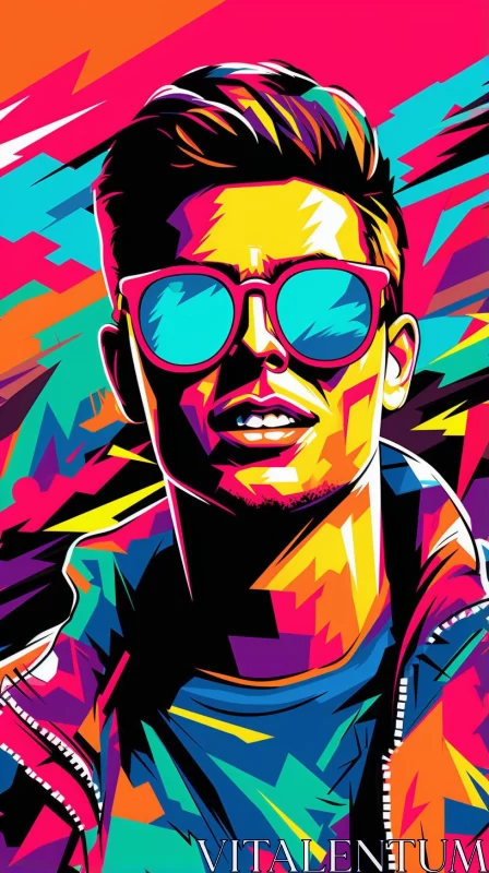 Graphic Design Poster Art: Man in Blue Shades with Colorful Background AI Image