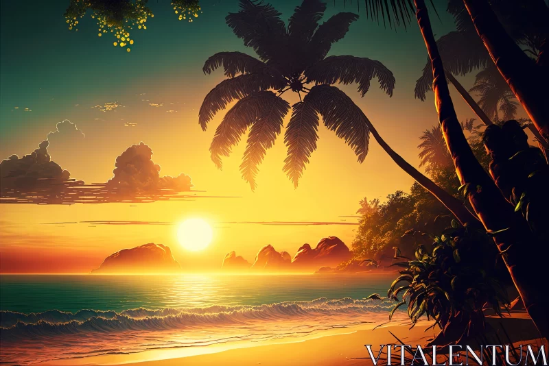 Tropical Beach Sunset: A Digital Painting AI Image