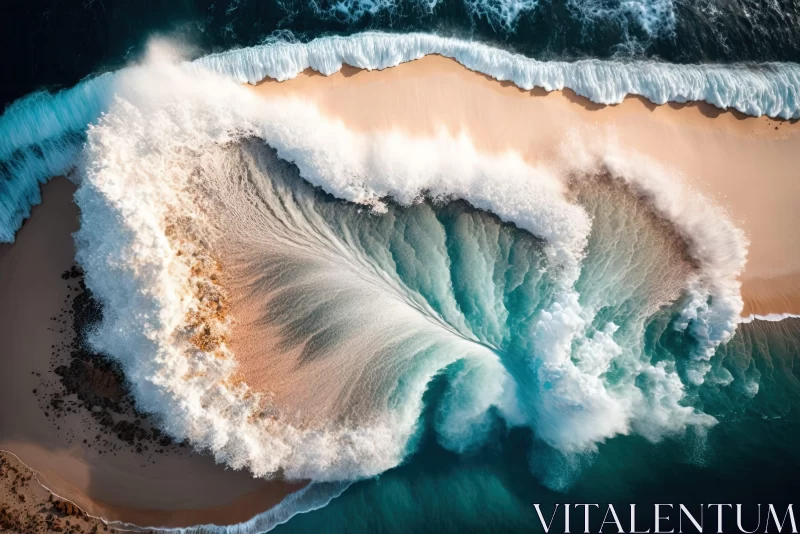 Aerial View of Surrealistic Ocean Wave Meeting Sandy Shore AI Image