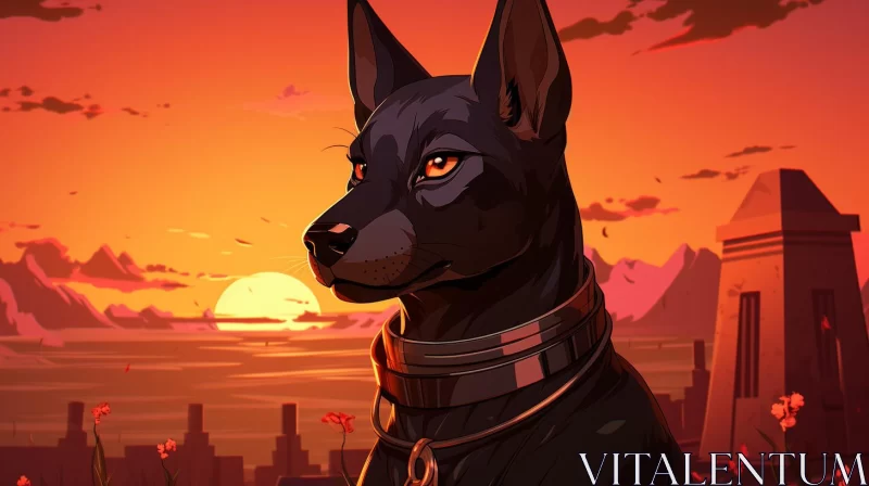 Black Dog in Cityscape with Sunset - 2D Game Art Style AI Image