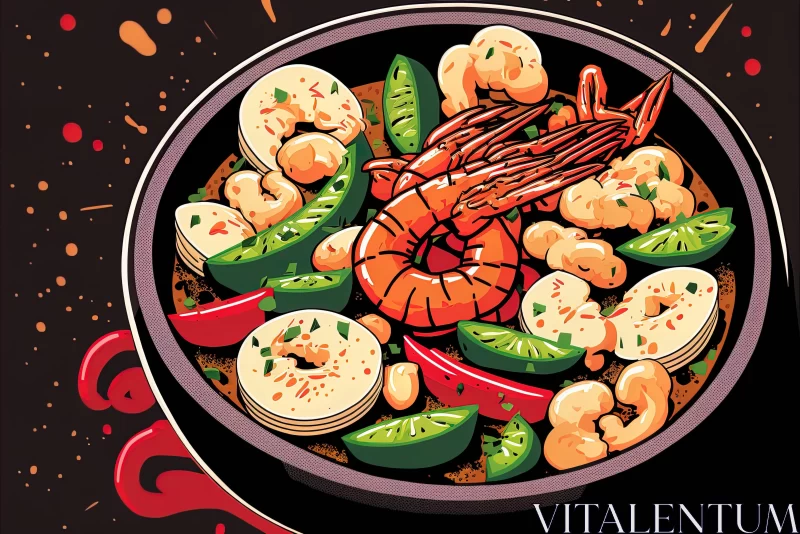 Chinese Seafood Meal Cartoon Illustration AI Image