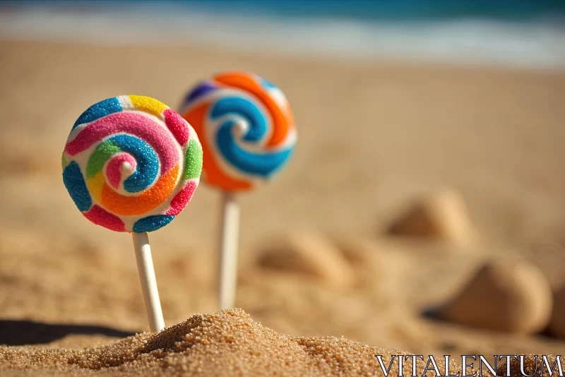 Colorful Lollipops on Beach - A Candycore Delight AI Image