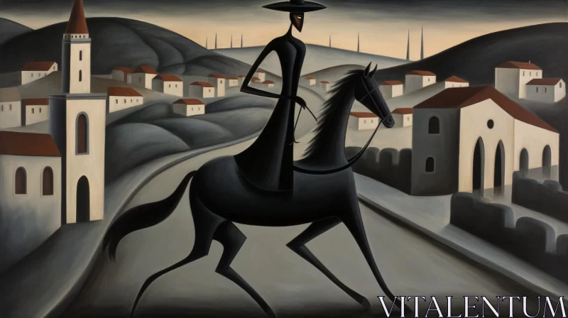 AI ART Futurist Painting of a Man on a Horse in an Old Town