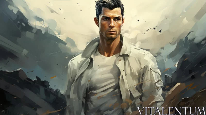 Man in White Shirt on Hill: A Strong Expression in Concept Art AI Image
