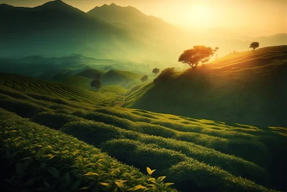 Sunrise Over Tea Plantation: A Celebration of Rural Life AI Image