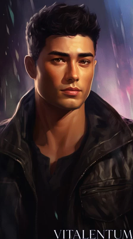 Charming Man in Leather Jacket Amidst Rain AI Image