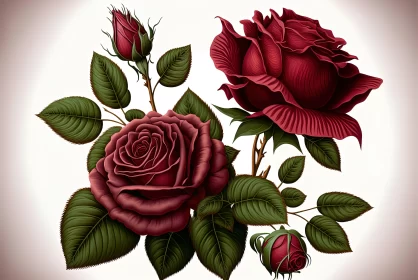 Detailed Engraved Illustration of Three Red Roses