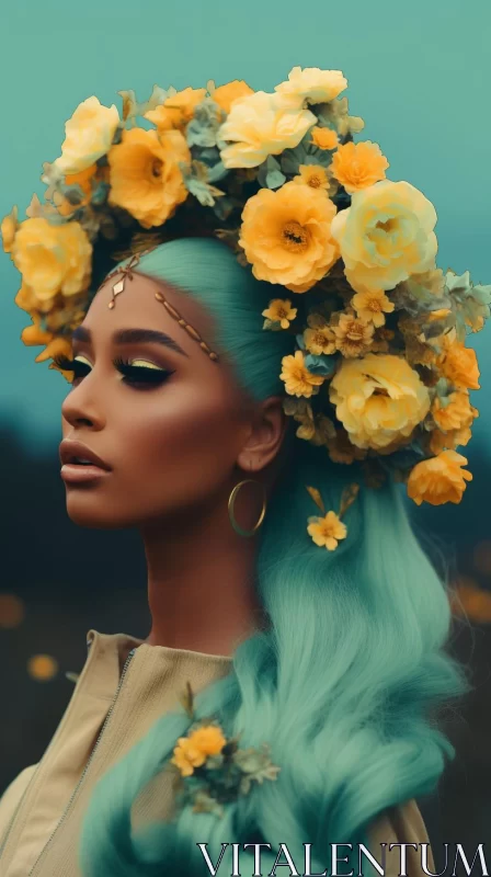 Neo-Traditionalist Portrait of Woman with Turquoise Hair and Flower Crown AI Image