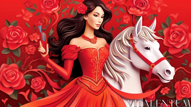 Enchanting Lady in Red Dress on Pink Horse - Fantasy Illustration AI Image