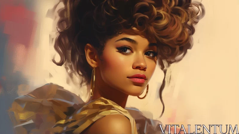 Hip-Hop Inspired Painting of Woman with Gold Jewelry and Huge Hair AI Image
